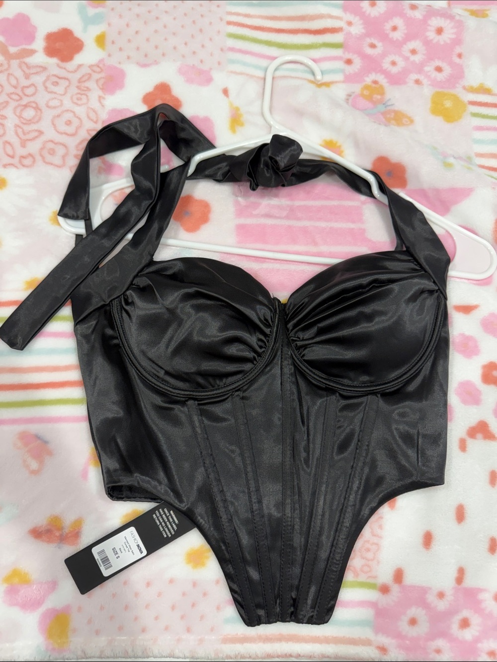 Fashion Nova Black Satin Halter Bustier Zip-Up Top